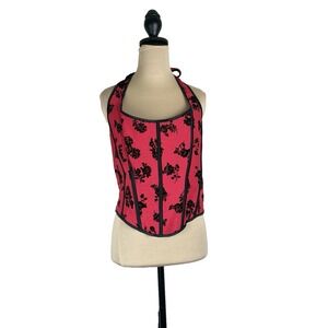 Goth Coquette Floral‎ Lace-Up Corset Top Red Black Velvet Roses Halter 1XL Y2K